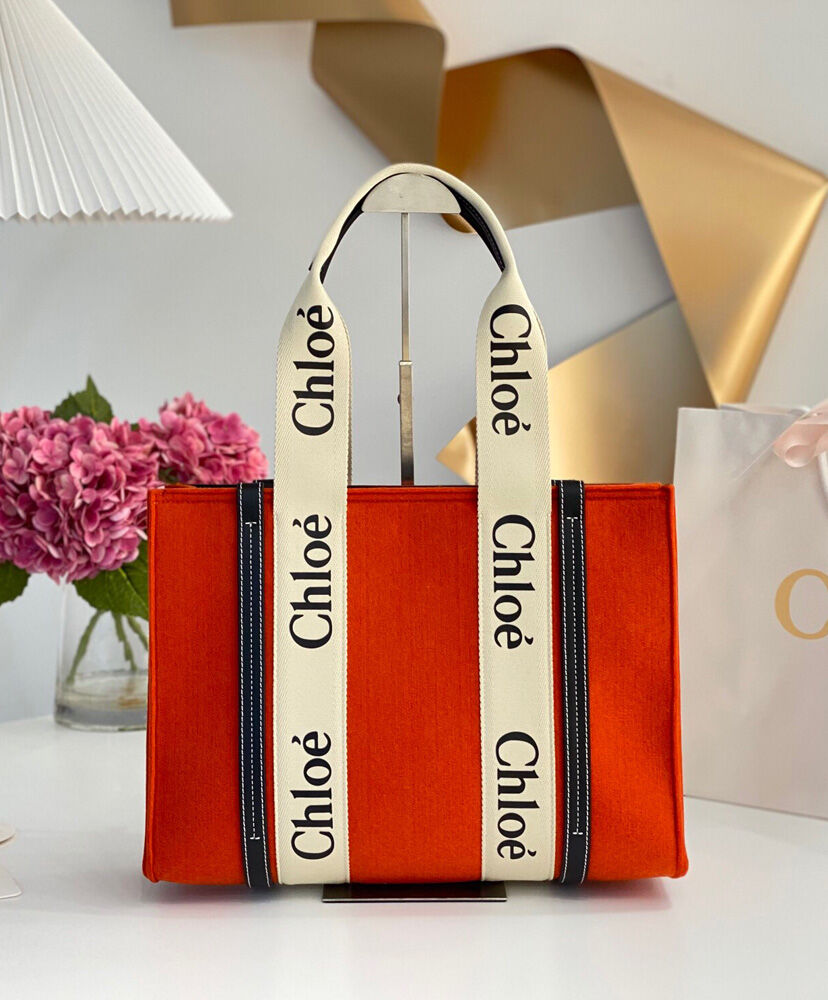 Chloe Medium Woody Tote Bag Canvas with Leather Orange